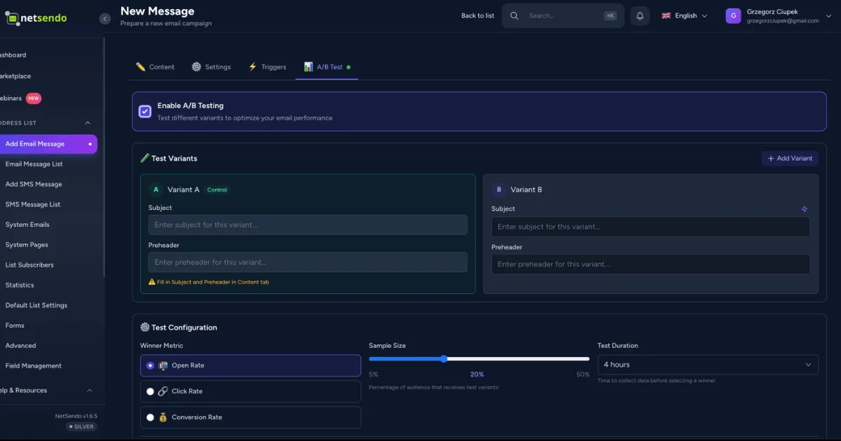 NetSendo v1.6.6: Zaawansowane Testy A/B i Edytor Wizualny